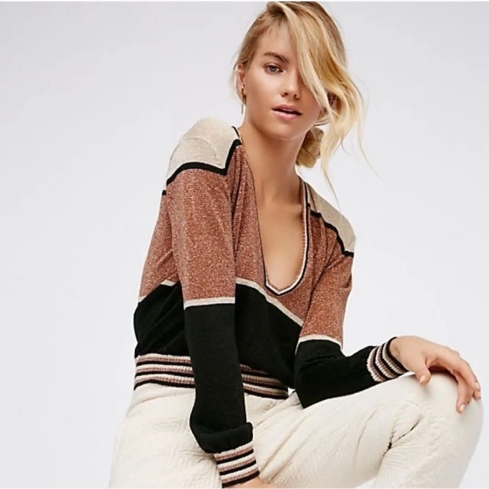 Free People‎ Sweater - Sz Medium - Deep V-Neck - Color Block - Gold Dust